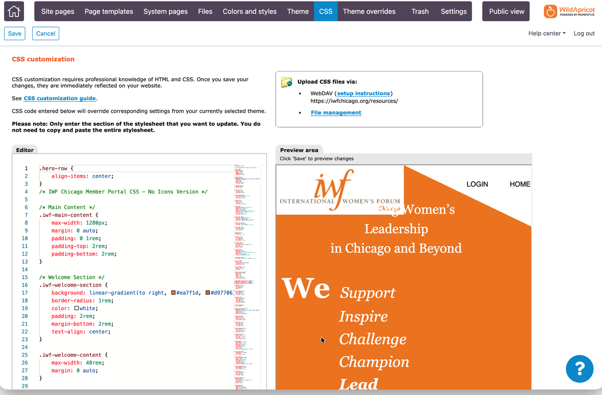 Wild Apricot admin CSS customization screen, showing the CSS editor on the left and a live preview of the site on the right